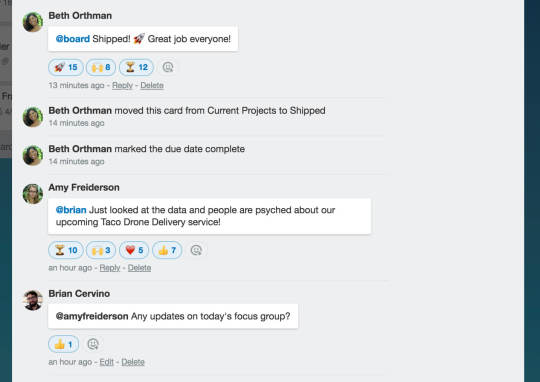 An image showing emoji reactions to comments on a Trello card